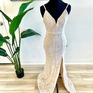 Lulu's Destined for Romance Beige and White Sequin Maxi Dress